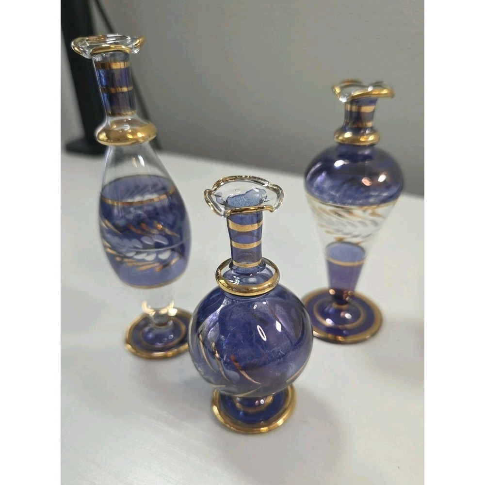 VTG. 3 Piece Hand Blown Glass Purple & Gold Etched Perfume Bottles & Dobbers